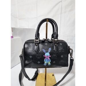 Authentic MCM Visestos Rabbit Small Boston Satchel Bag Black